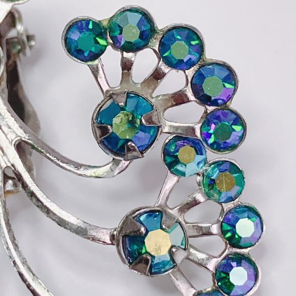 VTG Mid Century Peacock Blue AB Rhinestone Silver Tone Clip On Atomic Earrings - Picture 4 of 10